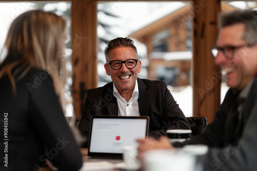 Smiling Professionals Collaborating in Cozy Winter Lodge Office