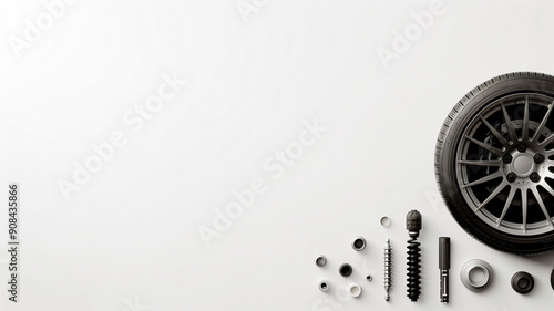 Car Wheel and Parts on White Background with Copy Space