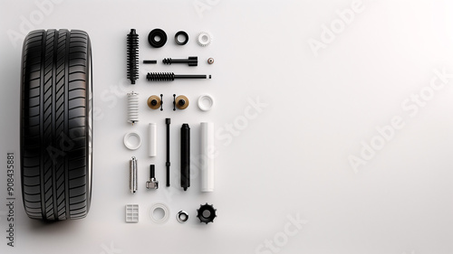 Car Tire and Auto Parts on White Background Copy Space