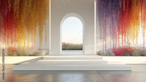 Fototapeta Naklejka Na Ścianę i Meble -  Elegant colorful with vibrant flower hanging branches illustration background. Bright color 3d abstraction wallpaper for interior mural