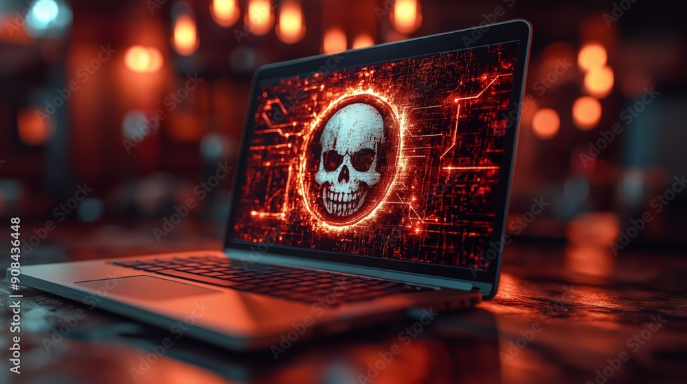 Cybersecurity Threat on Laptop Screen, Digital Skull Icon, Cyber Attack Concept Cybersecurity Threat on Laptop Screen, Digital Skull Icon, Cyber Attack Concept