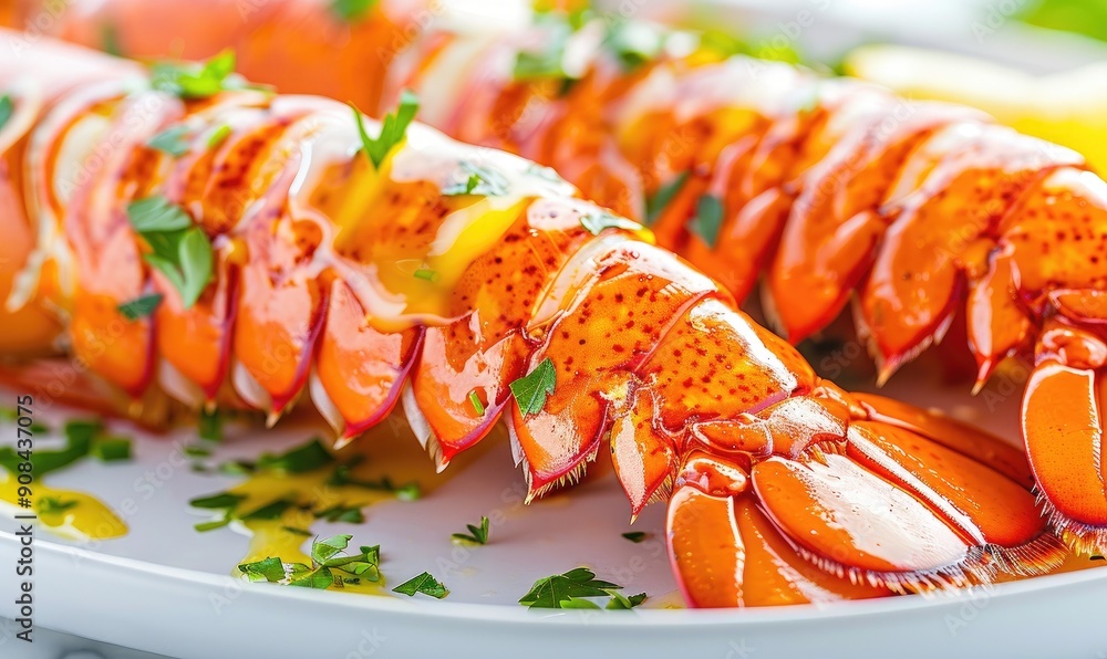 Close-up of juicy lobster tails with melted butter and fresh herbs on a plate, perfect for a gourmet meal or seafood feast. Close-up of juicy lobster tails with melted butter and fresh herbs on a plate, perfect for a gourmet meal or seafood feast.