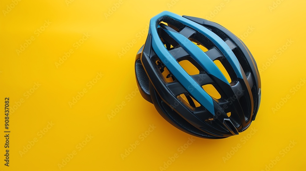 A black and blue bike helmet on a yellow background. A black and blue bike helmet on a yellow background.