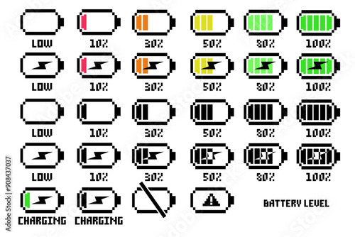 Different Battery charge level.Pixel art 8-bit	
