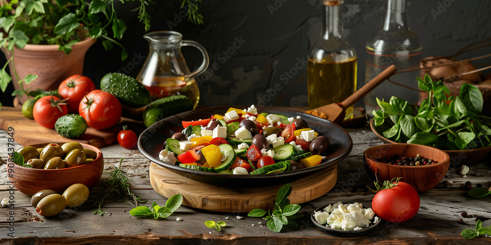 Mediterraner Salat. Griechischer Bauernsalat mit Schafskäse Oliven ...
