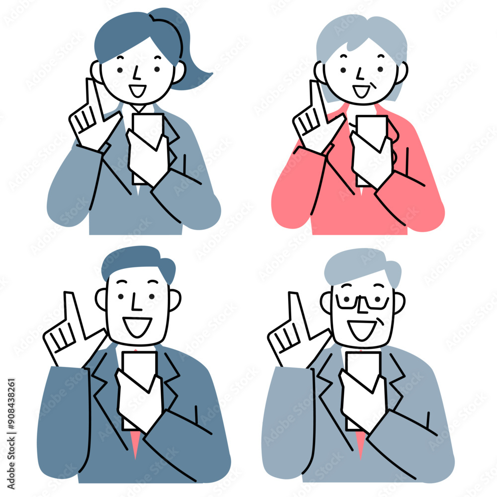 スマホを持って指をさすスーツ姿の男女