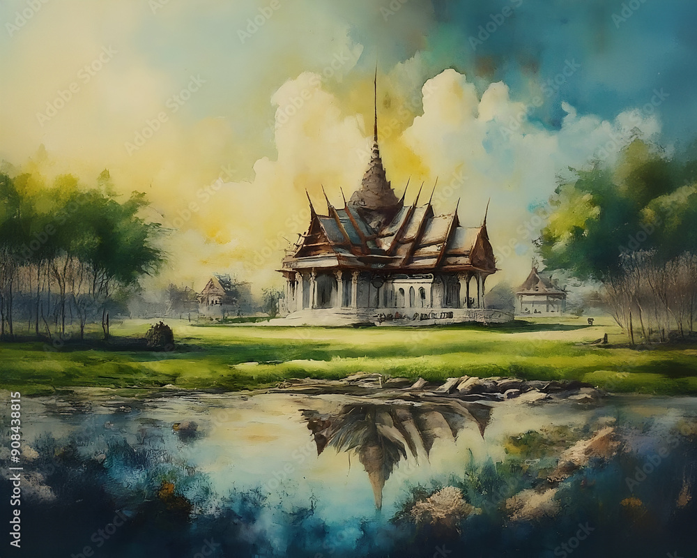Obraz premium Ancient Bangkok: AI-Generated Watercolor Painting