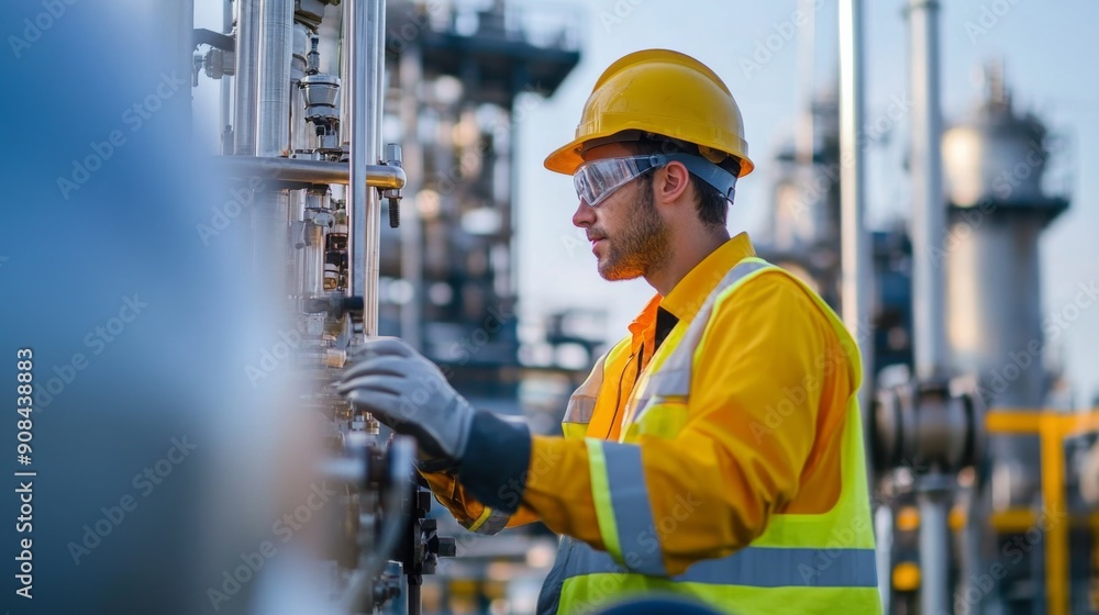 Worker in Safety Gear Examining Industrial Equipment Worker in Safety Gear Examining Industrial Equipment