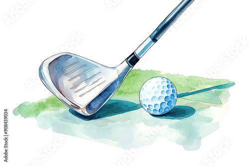 A detailed watercolor illustration of a golf club and ball on grass, capturing the essence of the golfing sport.