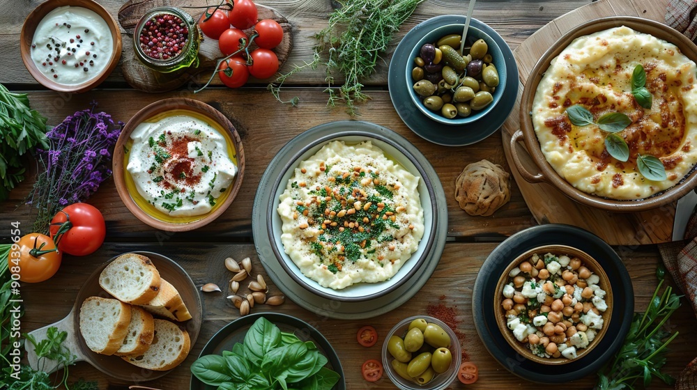 Mediterranean Food Spread with Hummus, Chickpeas, and Olives - Realistic Food Photography Mediterranean Food Spread with Hummus, Chickpeas, and Olives - Realistic Food Photography