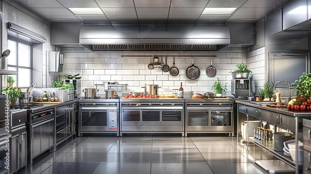 Modern Commercial Kitchen Interior 3D Illustration Modern Commercial Kitchen Interior 3D Illustration