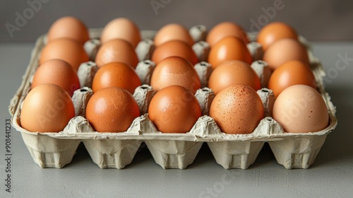 Brown and white fresh egg carton. The eggs are neatly arranged, emphasizing the freshness and quality of the eggs. This image captures the simplicity and nutritional value of fresh farm produce. photo