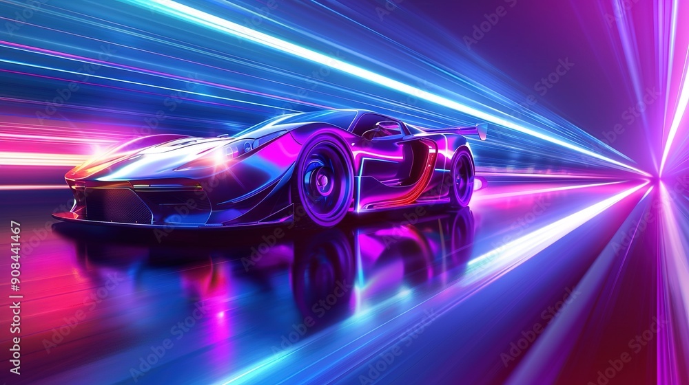 Speeding Sports Car On Neon Highway. Powerful acceleration of a supercar on a night track with colorful lights and trails. Speeding Sports Car On Neon Highway. Powerful acceleration of a supercar on a night track with colorful lights and trails.