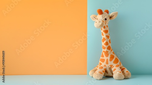 A plush giraffe toy on a light orange and blue background