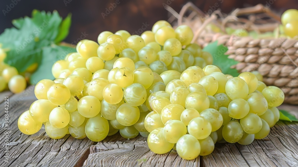 Fresh green grapes organic fruits on rustic wooden table, close up fresh fruit for healthy lifestyle landscape background Fresh green grapes organic fruits on rustic wooden table, close up fresh fruit for healthy lifestyle landscape background