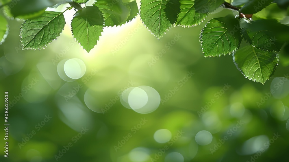 Beautiful green leaves in morning haze in nature close-up macro in blurry landscape background Beautiful green leaves in morning haze in nature close-up macro in blurry landscape background