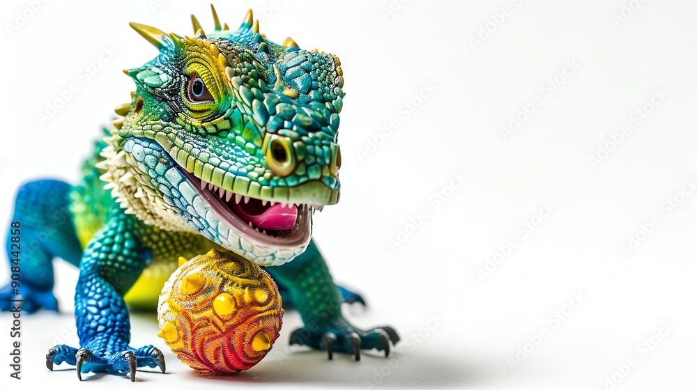 A colorful toy lizard with a rainbow ball. A colorful toy lizard with a rainbow ball.