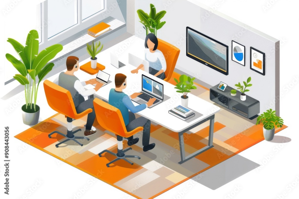 Modern Office Space with Three People Working on Laptops Modern Office Space with Three People Working on Laptops