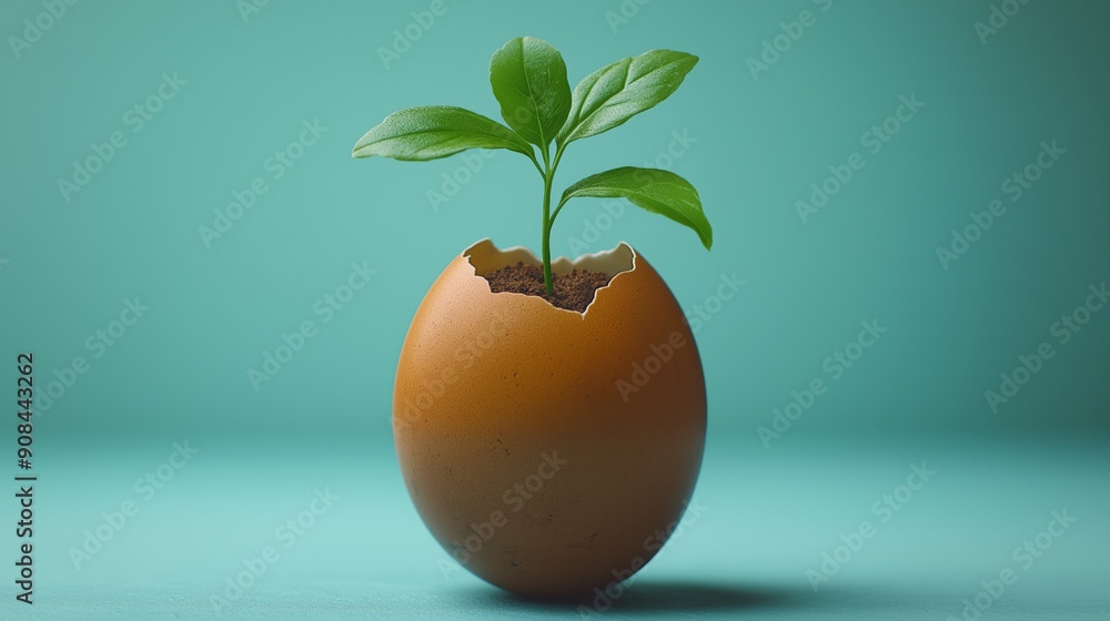 Green Plant Growing from Eggshell, Eco-Friendly Concept, Fresh and Minimal, Green and Brown Color Palette Green Plant Growing from Eggshell, Eco-Friendly Concept, Fresh and Minimal, Green and Brown Color Palette