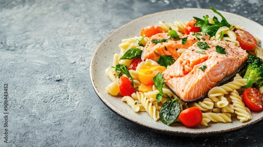 Side view of a plate with salmon, vegetables, and pasta, suitable for baby-led weaning dishes. Text space available. Side view of a plate with salmon, vegetables, and pasta, suitable for baby-led weaning dishes. Text space available.