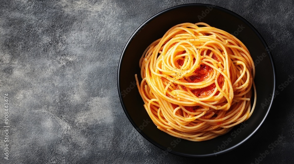 Spaghetti pasta with tomato sauce in a black bowl, captured from above on a grey stone surface. Ideal for Italian cuisine. Spaghetti pasta with tomato sauce in a black bowl, captured from above on a grey stone surface. Ideal for Italian cuisine.
