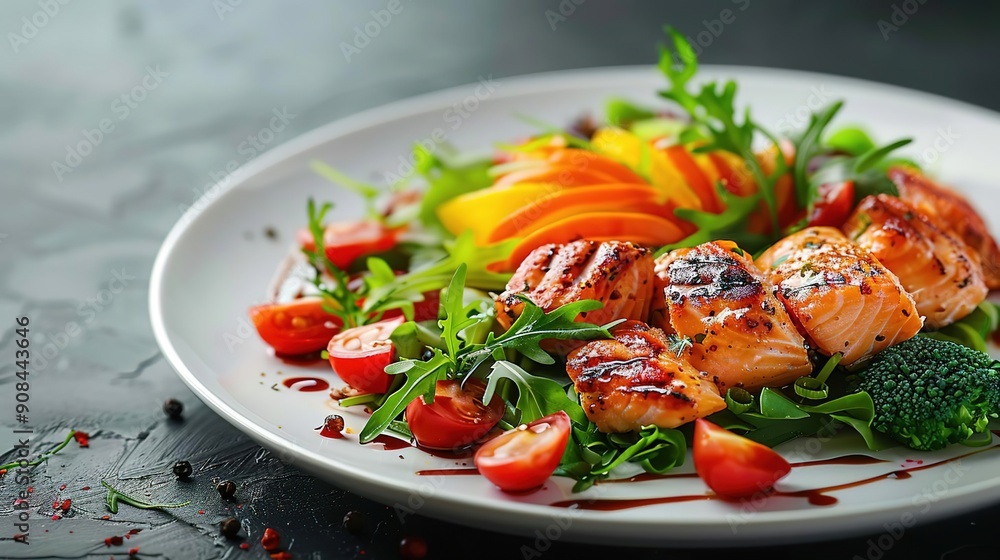 Grilled Salmon Salad with Tomatoes, Arugula, and Broccoli - Realistic Food Photography