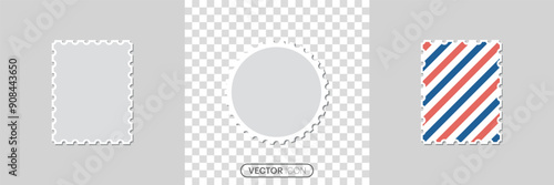 Postage Empty stamps template icon set. Postal shapes border. Airmail border with red and blue stripes. Blank Postage Stamps on gray background. Vector illustration.