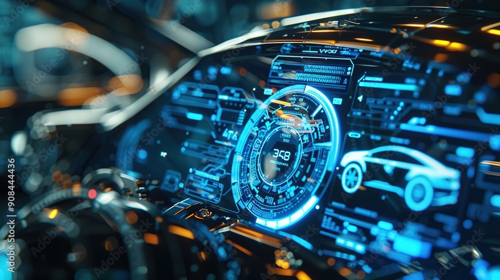 Creative electronic car dashboard interface hologram on blurry blue backdrop. Automobile, charging and futuristic technology concept. 3D Rendering Creative electronic car dashboard interface hologram on blurry blue backdrop. Automobile, charging and futuristic technology concept. 3D Rendering