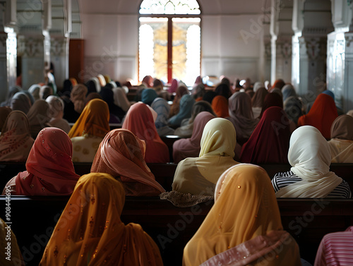 Sikh worshippers in a gurdwara, singing hymns together in a peaceful and spiritual gathering. photo