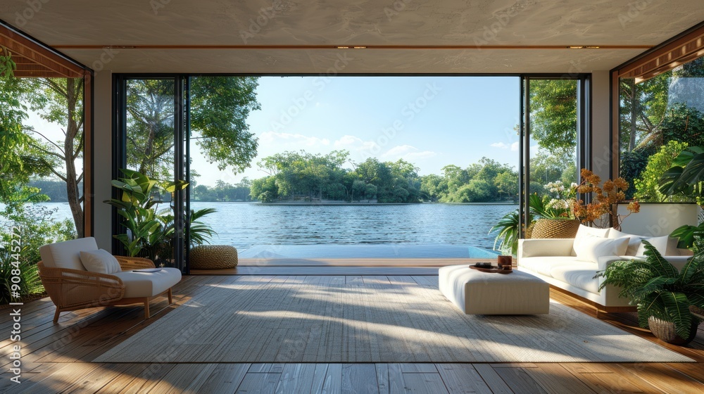 Modern Living Room with Breathtaking Lake View Modern Living Room with Breathtaking Lake View