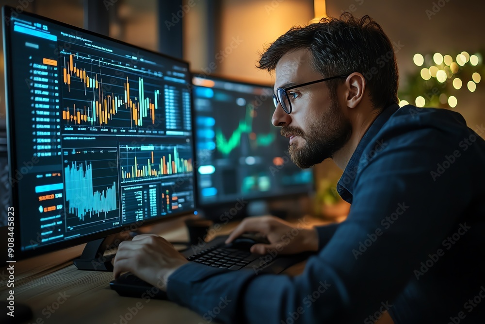 Focused Man Working on Computer with Stock Market Data. Focused Man Working on Computer with Stock Market Data.