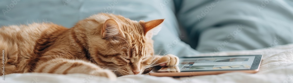 Cute orange tabby cat sleeping peacefully on a cozy bed next to a tablet, illustrating relaxation and comfort in a home environment. Cute orange tabby cat sleeping peacefully on a cozy bed next to a tablet, illustrating relaxation and comfort in a home environment.