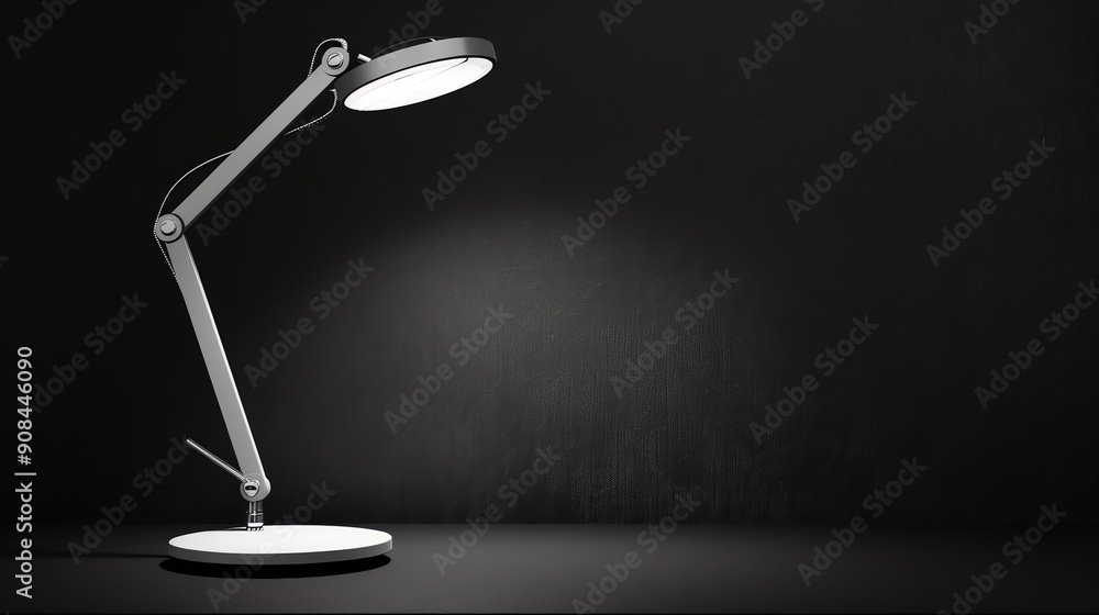 A desk lamp in a dark room, with the light illuminating the wall behind it. A desk lamp in a dark room, with the light illuminating the wall behind it.