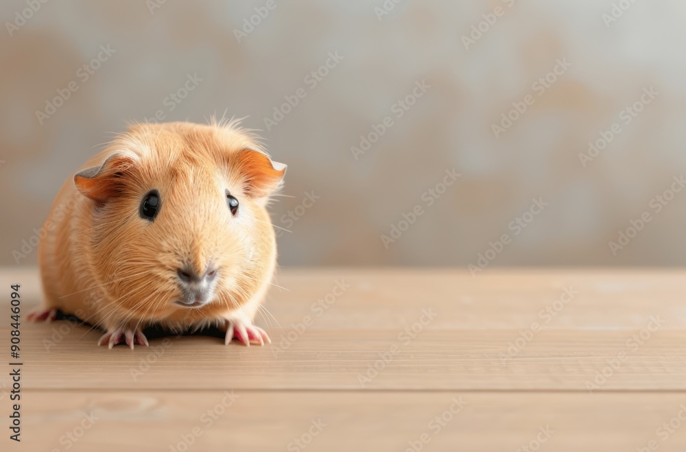 Fototapeta premium Cute guinea pig exploring a wooden surface, showcasing its adorable features and fluffy fur against a soft, blurred background.