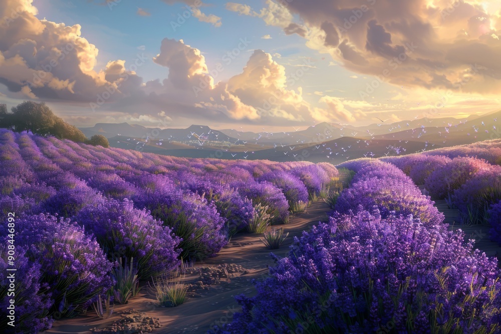 Fototapeta premium Lavender Fields at Sunset with Birds Flying