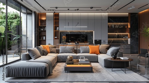 A modern living room with a gray sectional sofa, a coffee table, a TV, and a view of a patio.