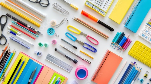 A flat lay of various school supplies, including notebooks, pens, pencils, and a ruler.