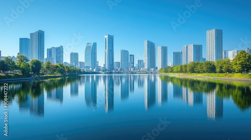 A panoramic view of a modern skyline with high-rise buildings reflecting in a calm river under a clear blue sky, capturing the architectural diversity and urban growth