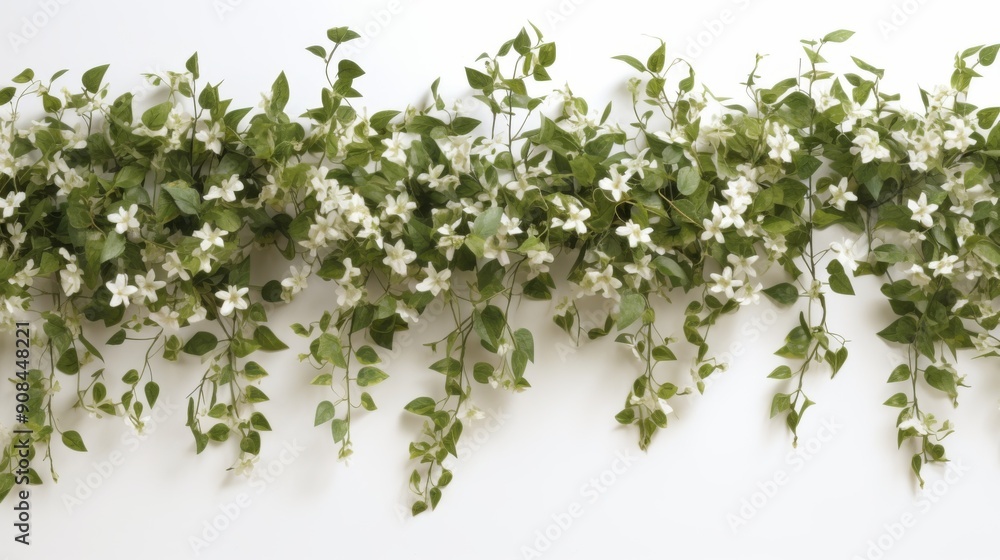 White Jasmine Garland with Green Leaves on White Background White Jasmine Garland with Green Leaves on White Background