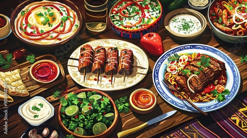 Wallpaper Mural Illustration of a Table Spread with Various Dishes Torontodigital.ca