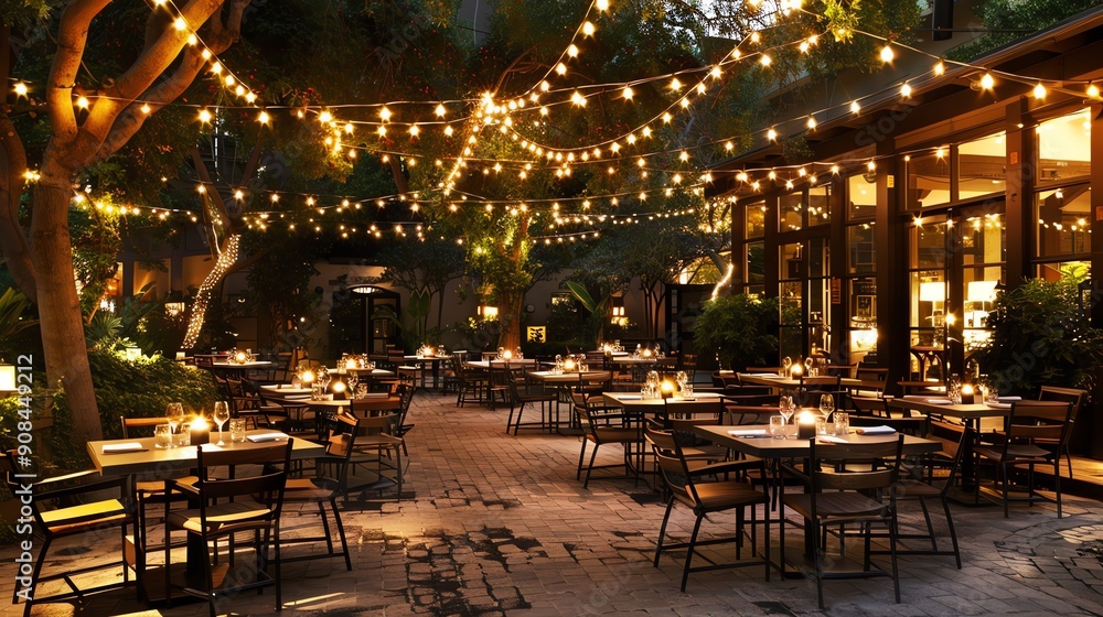 A patio dining area lit by string lights.