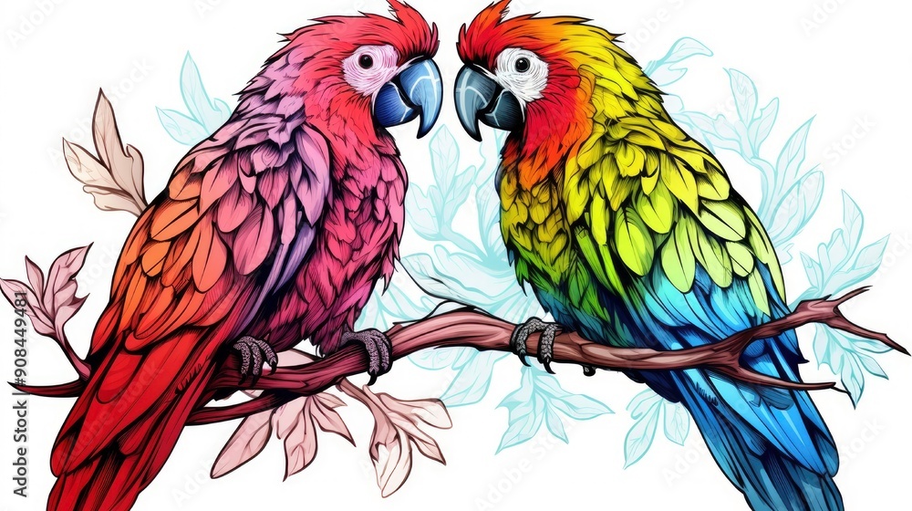 Obraz premium Collection of two stylized macaw (ara) parrots. Monochrome and colored versions. 