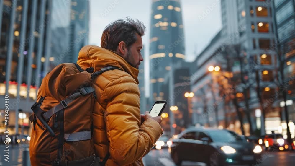 A man wearing a yellow jacket and backpack is walking down a city street while looking at his cell phone A man wearing a yellow jacket and backpack is walking down a city street while looking at his cell phone