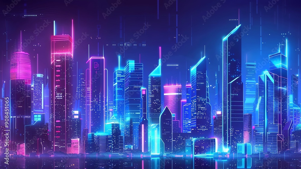 A stylized cityscape with neon blue and pink lights, glowing in the night. A stylized cityscape with neon blue and pink lights, glowing in the night.