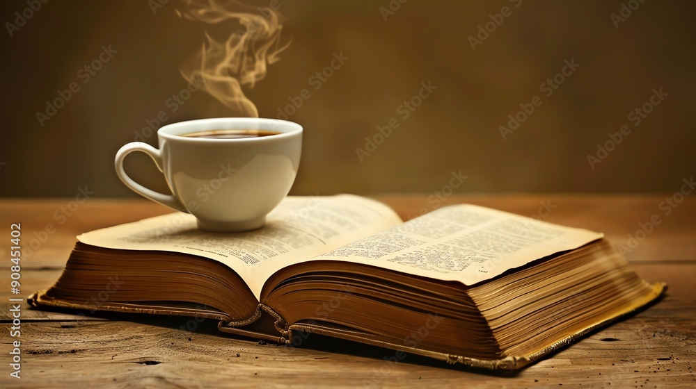 A white mug of steaming coffee sits on an open book, with a brown background. A white mug of steaming coffee sits on an open book, with a brown background.