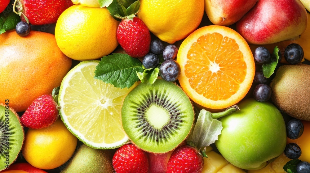 Variety of fruits including strawberries, blueberries, kiwis, limes, oranges, apples, and mangoes Variety of fruits including strawberries, blueberries, kiwis, limes, oranges, apples, and mangoes