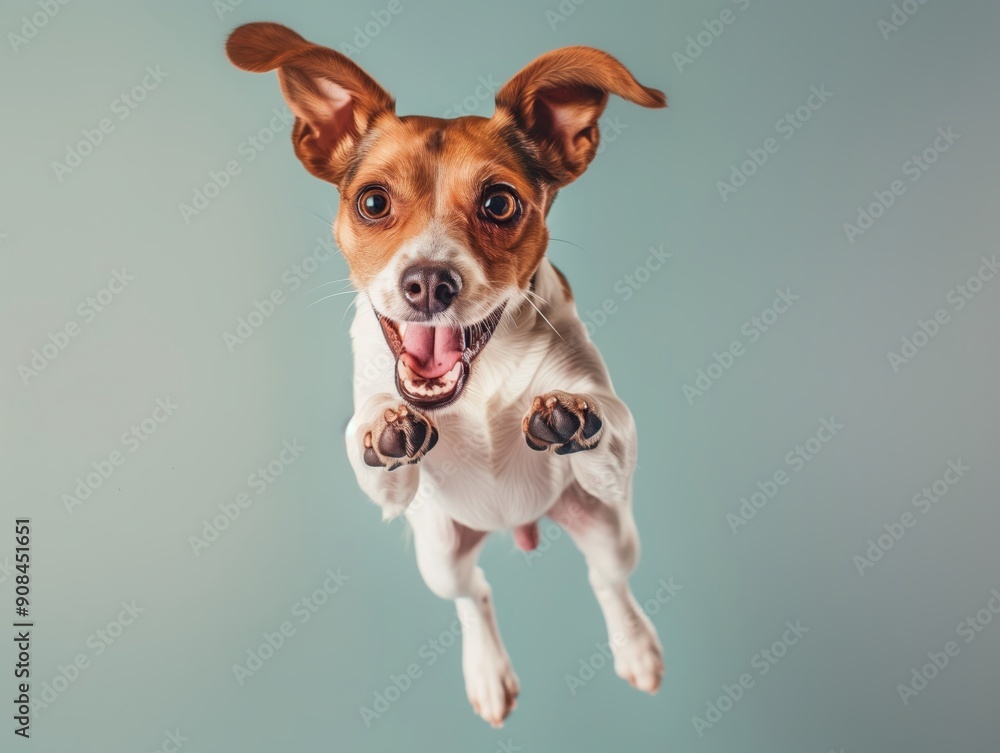 Energetic dog joyfully jumping in mid-air, displaying a happy expression and playful enthusiasm against a neutral background. Energetic dog joyfully jumping in mid-air, displaying a happy expression and playful enthusiasm against a neutral background.