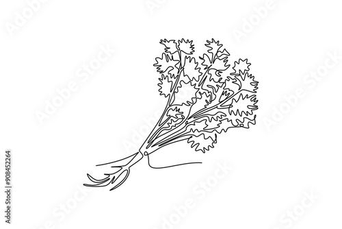 Continuous one line drawing of tied bunch healthy freshness organic raw coriander leaf for logo identity. Fresh cilantro concept for vegetable icon. Single line draw design vector graphic illustration