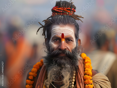 A Hindu devotee in vibrant clothing stands out, celebrating in a crowd at the Kumbh Mela. photo