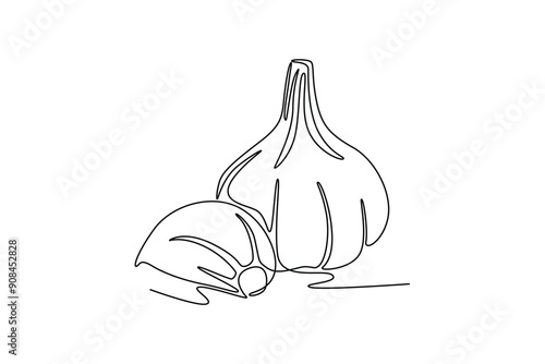 Single continuous line drawing whole healthy organic garlic for plantation logo identity. Fresh cuisine seasoning concept for vegetable icon. Dynamic one line draw graphic design vector illustration